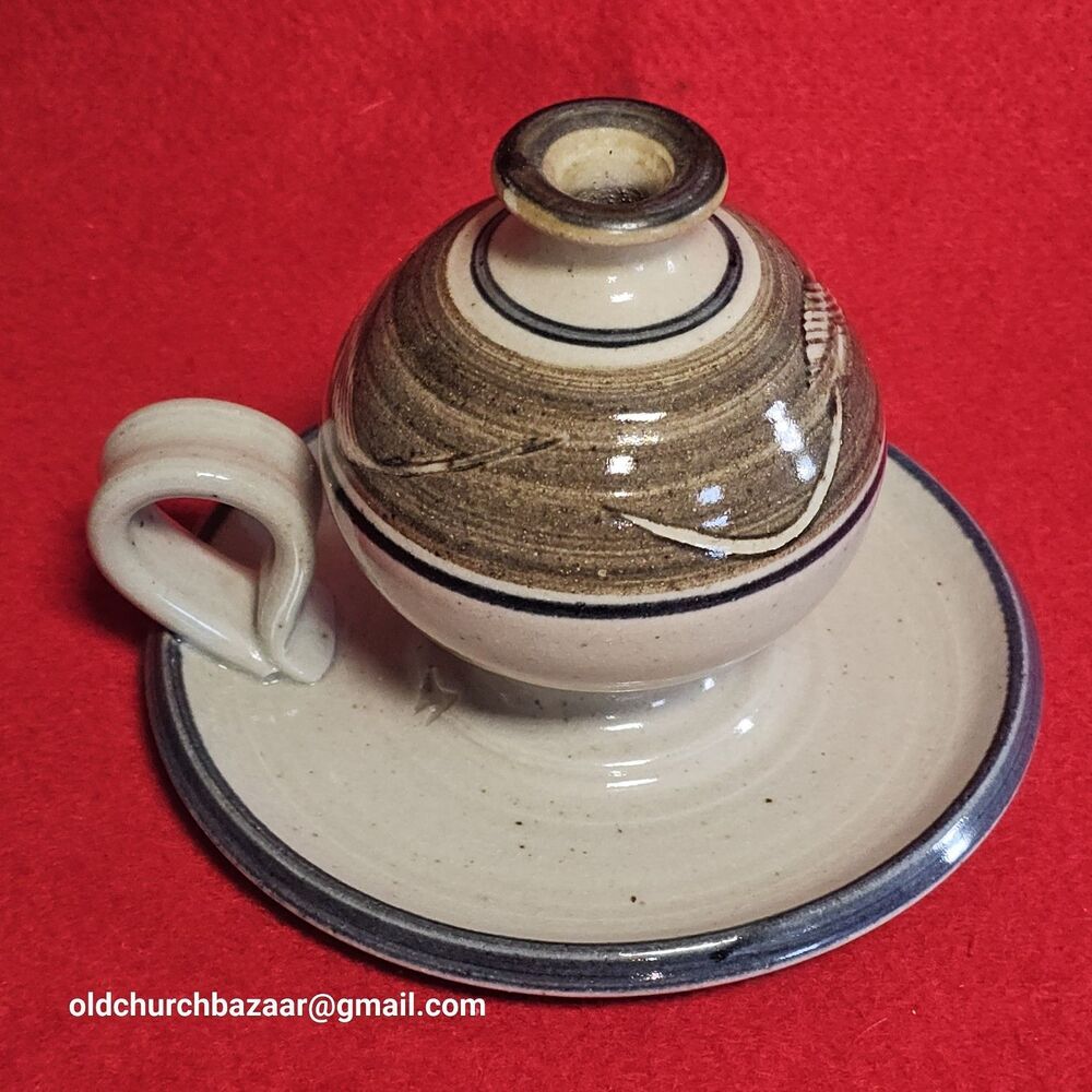 Studio Art Pottery Single Clay Chamber Candle Holder Blue Gray,Brn Glossy Signed